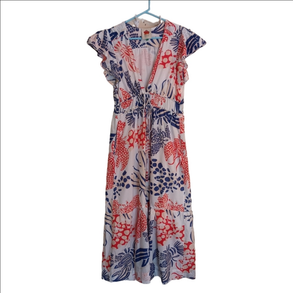 Farm Rio Mixed Lobsters Coral & Blue On Off-white Cap Flutter Sleeve Midi Dress - Picture 5 of 14